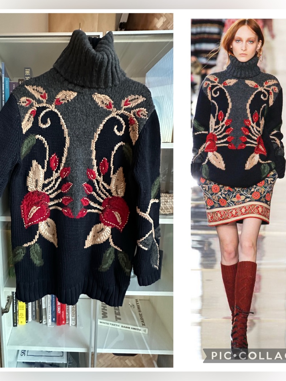 Tory Burch Floral Embroidered Knit Turtleneck Sweater Wool XS